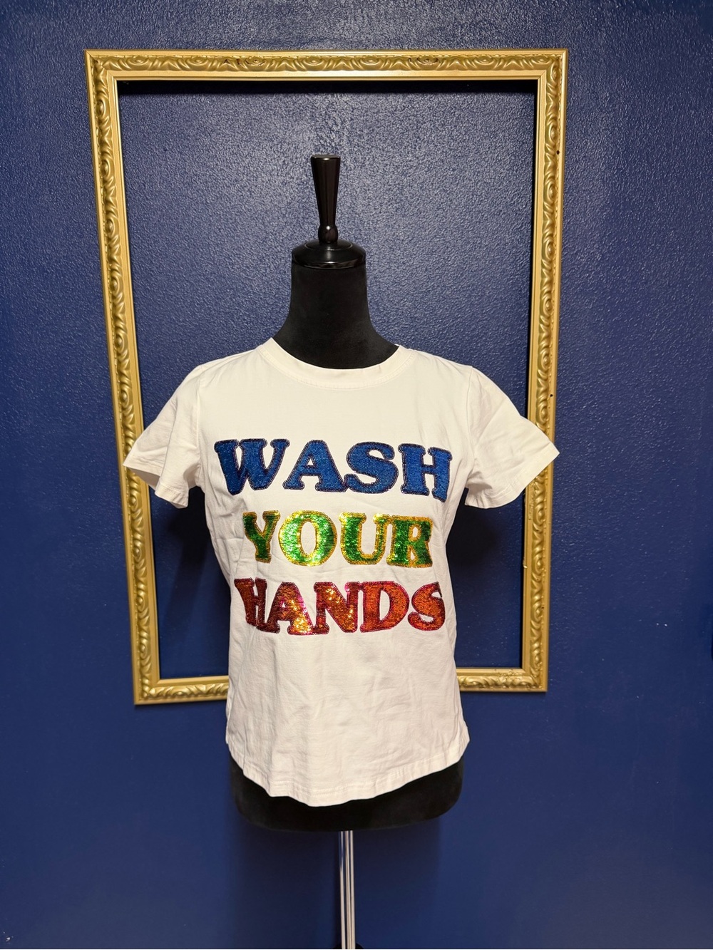 Kids White Sequin 'Wash Your Hands' Short Sleeve Tee